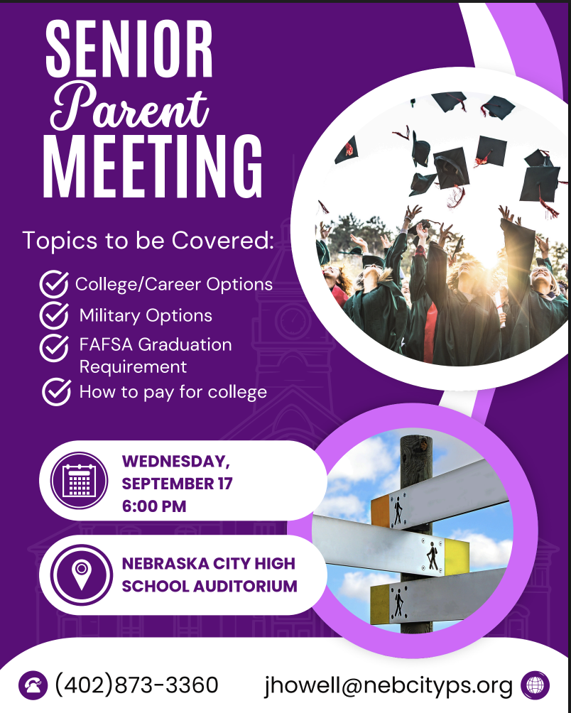 Senior Parent Meeting scheduled for Wednesday, September 17th at 6:00pm.  Mrs. Howell will be covering: College/Career Options, Military Options, FAFSA Graduation Requirements, and How to pay for college.  