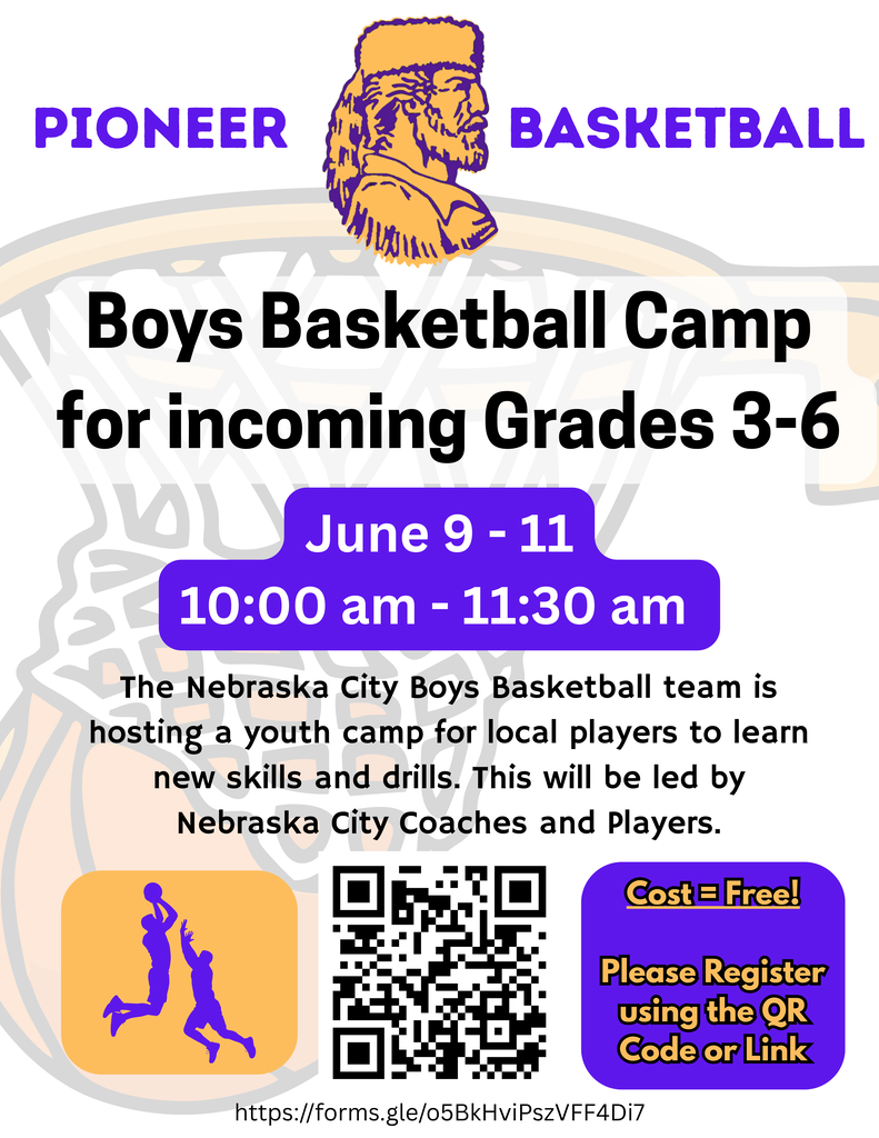 The Nebraska City Boys Basketball team is excited to host our Boys Basketball Camp for incoming Grades 3-6! Come learn new skills, compete, have fun, and work with Nebraska City coaches and players.  📅 June 9-11 ⏰ 10:00 AM - 11:30 AM 💲 FREE!  Spots are open now, so be sure to register using the QR code or link on the flyer. Let’s pack the gym and keep building Pioneer Basketball!