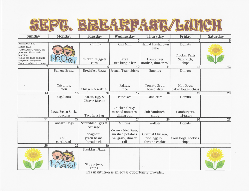 September Breakfast/Lunch Menu