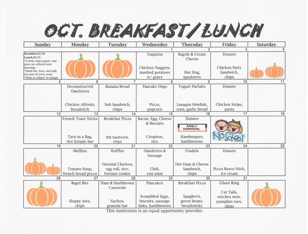 October Breakfast/Lunch Menu