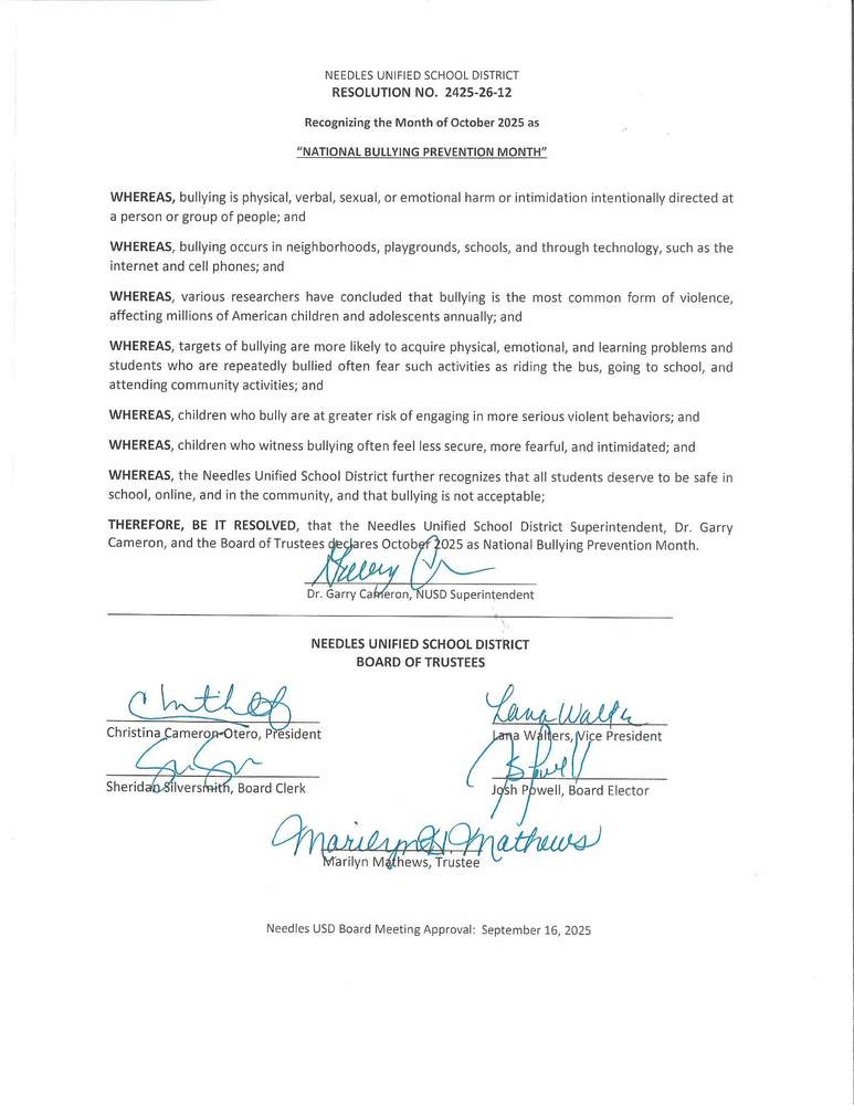 Resolution image from the Needles Unified School District declaring October 2025 as National Bullying Prevention Month, signed by officials.