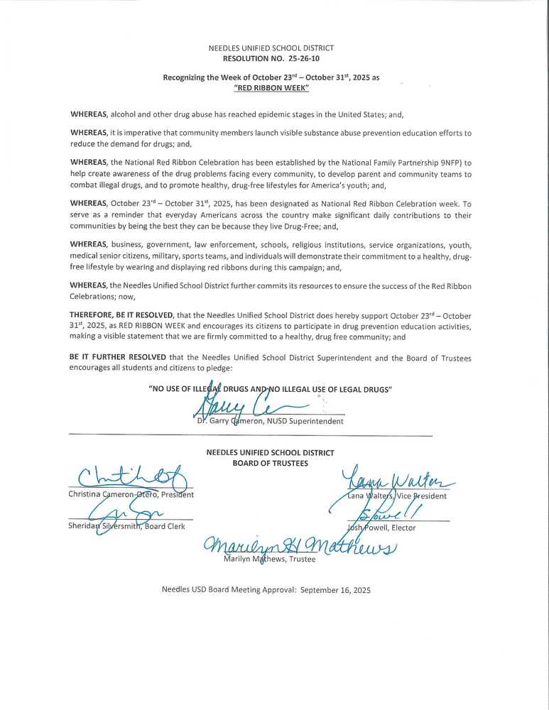 Resolution image from Needles Unified School District proclaiming October 23-31, 2025, as "Red Ribbon Week," with signatures from board members.