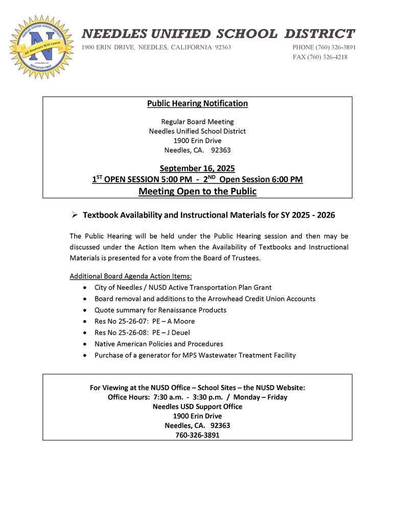 Alt text: Notice for a public hearing by Needles Unified School District on September 16, 2025. Agenda items include textbook availability, transportation plans, and policy updates.
