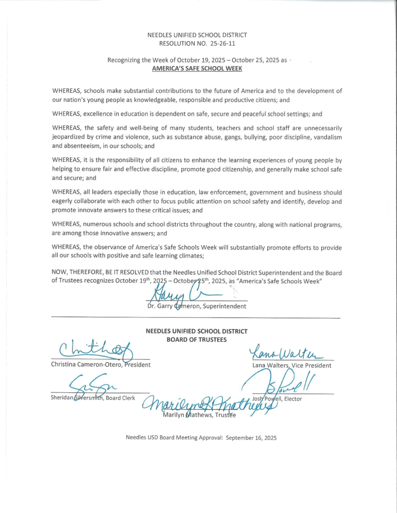 A resolution image from Needles Unified School District, signed by officials, declaring October 19-25, 2025, as America’s Safe Schools Week, emphasizing safe learning environments and community collaboration.