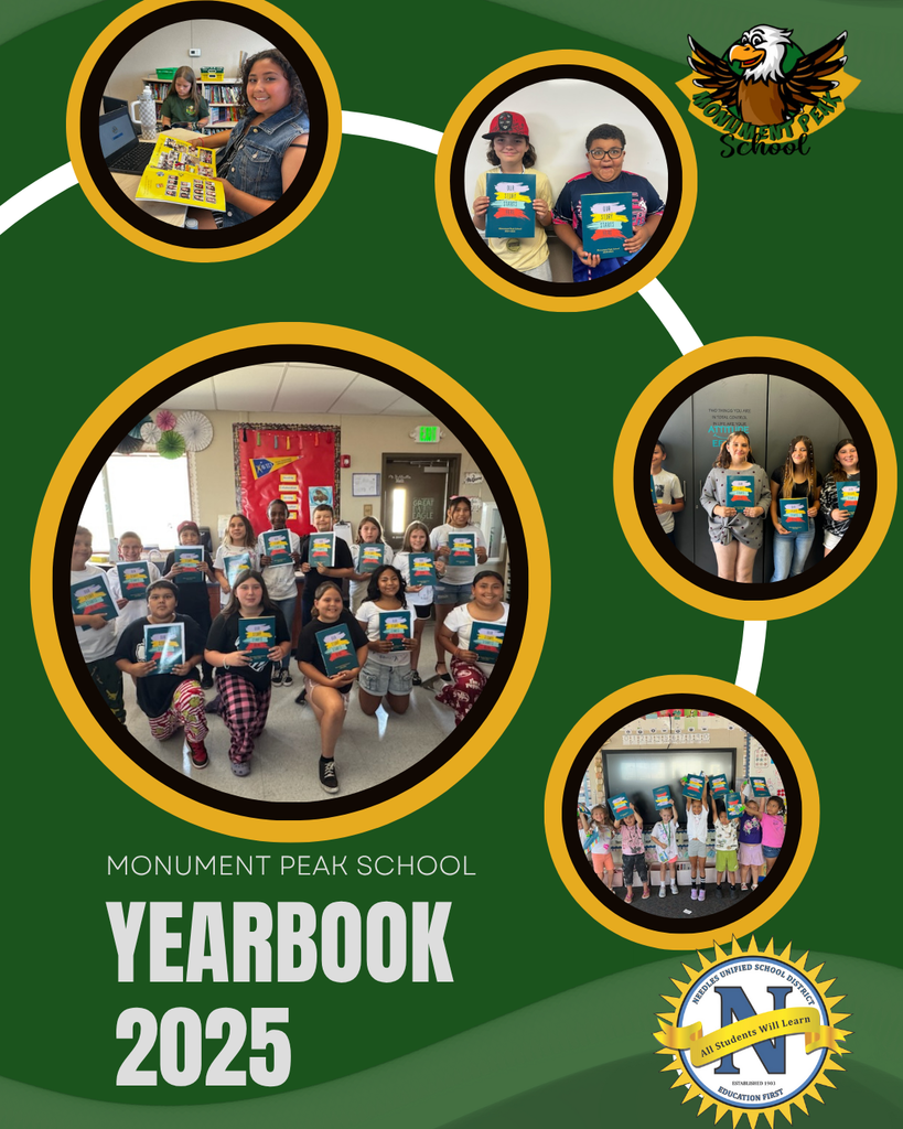 Students smiling and holding yearbooks in various group photos on a green background. "Monument Peak School Yearbook 2025" text and an eagle emblem.
