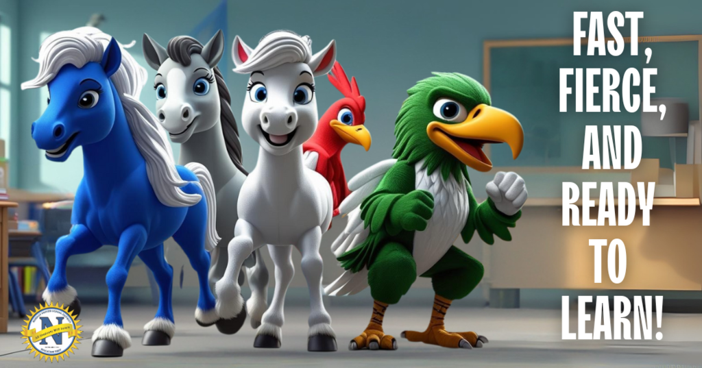 Mascots in a classroom happy.