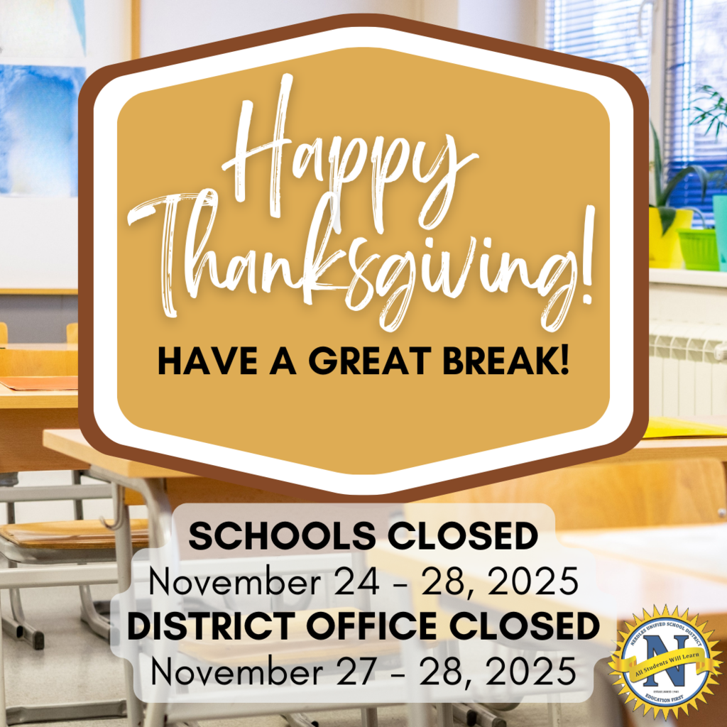 Alt text: "Classroom with wooden desks and chairs. Text reads 'Happy Thanksgiving! Have a Great Break!' Schools closed Nov 24-28, District office closed Nov 27-28, 2025."