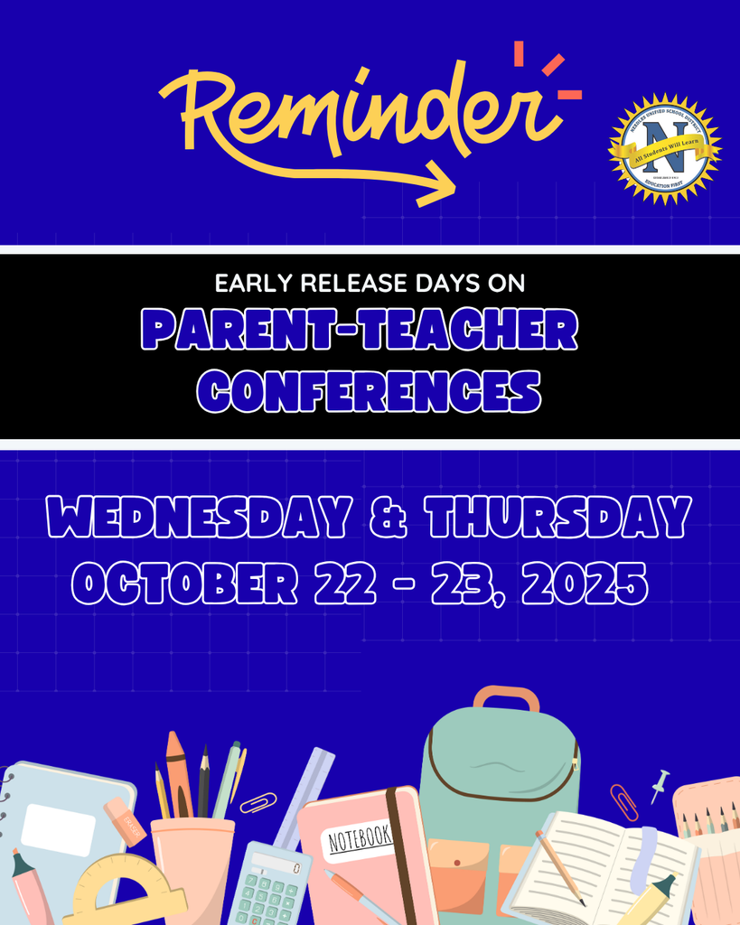 Alt text: Bold "Reminder" text with arrow on a blue background. Announces early release days for parent-teacher conferences on October 22-23, 2025. Features school supplies like notebooks, backpack, and pencils at the bottom.