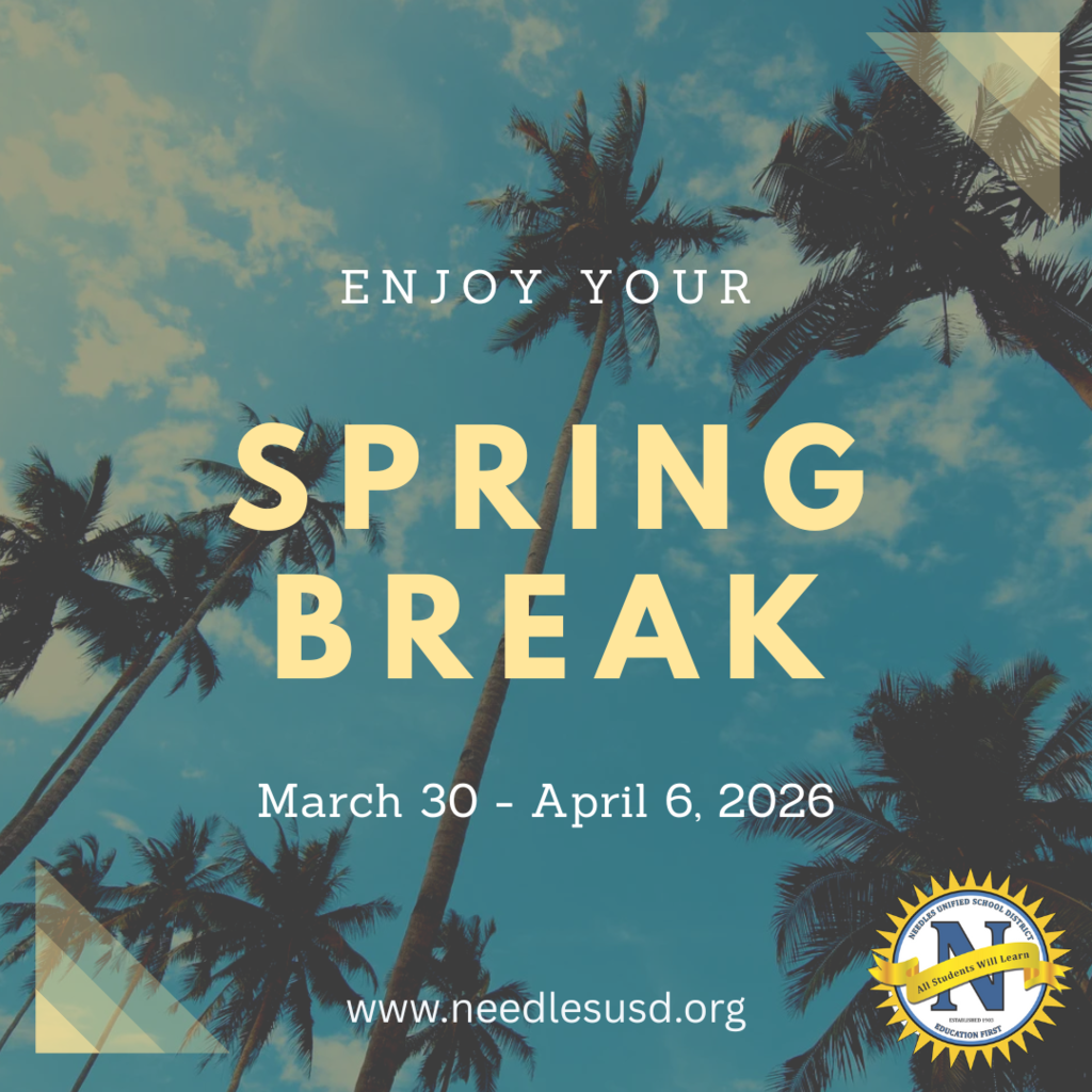 "Spring Break announcement with palm trees against a blue sky. Text reads 'Enjoy Your Spring Break, March 30 - April 6, 2026,' with website and a district logo."