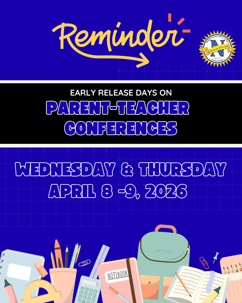 Blue reminder poster for Parent-Teacher Conferences on April 8-9, 2026, with graphics of school supplies and an emblem, conveying an informative tone.