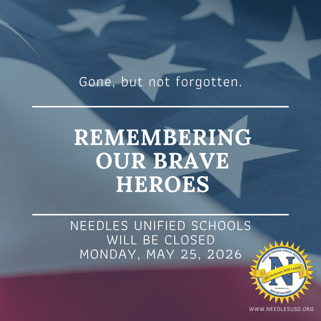 American flag background with text overlay: "Gone, but not forgotten. Remembering our brave heroes." Notice about school closure on May 25, 2026.