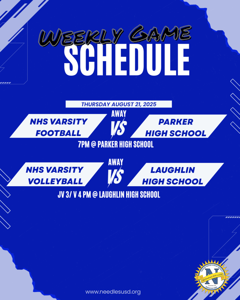 Weekly game schedule poster in blue tones. NHS Varsity Football vs Parker at 7 PM, NHS Varsity Volleyball vs Laughlin at 4 PM. Text and graphics emphasize sports rivalry.