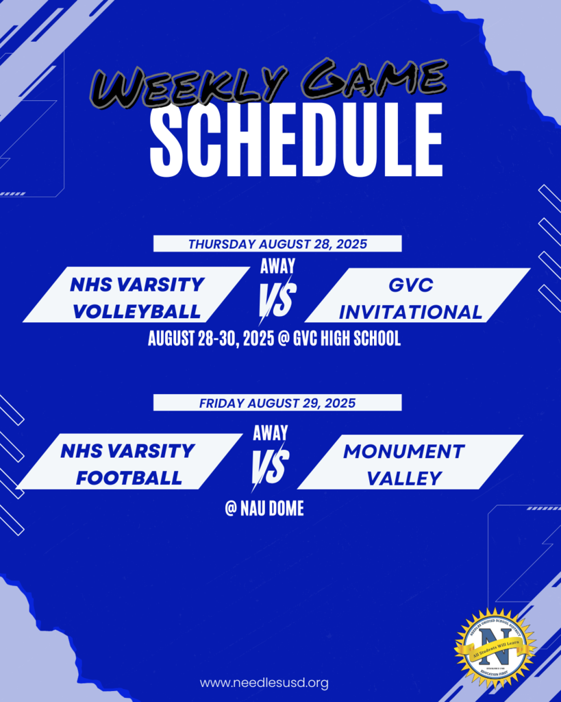 Blue and white sports schedule poster. "Weekly Game Schedule" highlights NHS Varsity Volleyball and Football games on August 28-29, 2025. Bold, energetic design.