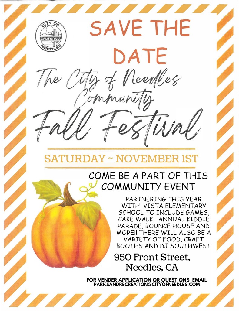 Save the Date flyer for the City of Needles Fall Festival. Features a pumpkin, diagonal striped border, and event details. Festive and inviting tone.