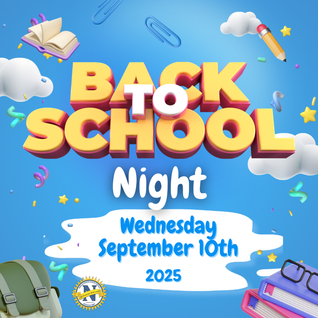 Cheerful back-to-school night flyer on a blue background featuring bold yellow text, date September 10th, 2025, with clouds, books, and colorful stationery.