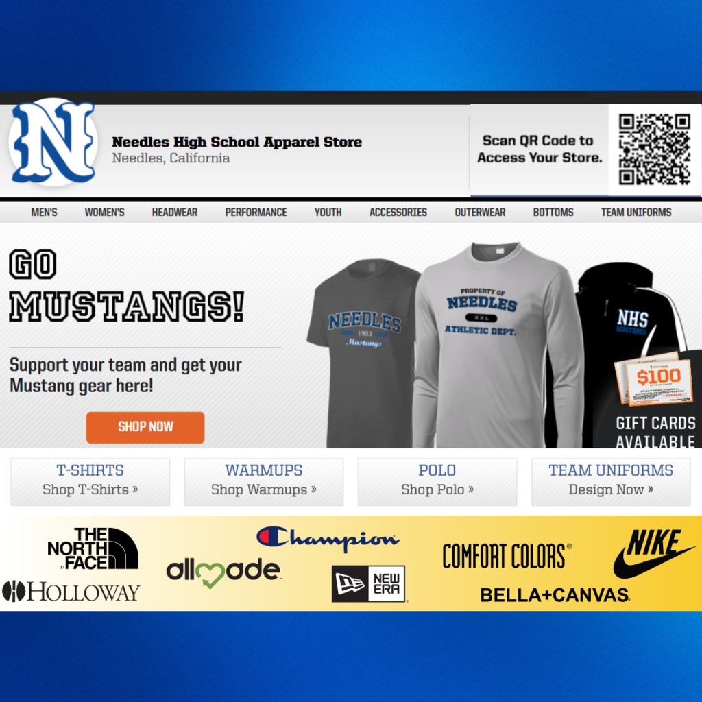 Website screenshot of the Needles High School Apparel Store. Features shirts with "Needles Mustangs" logos. Prominent "Go Mustangs!" text and "Shop Now" button. Logos of brands like Nike, Champion, and North Face appear at the bottom. A QR code on the top right offers store access. Tone is supportive and enthusiastic.