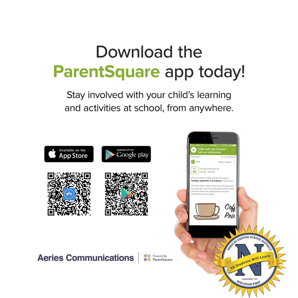 Download the ParentSquare app flyer. Shows QR codes for app stores, a hand holding a phone, and a school district emblem. Encourages parental involvement.