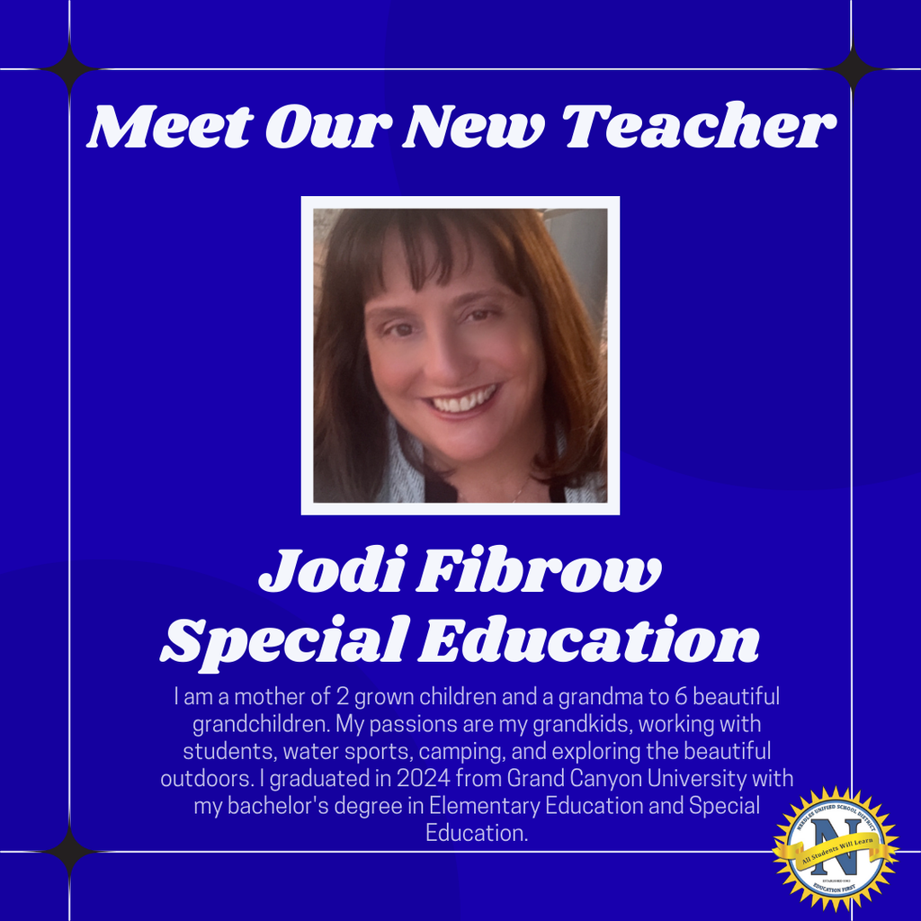 Blue graphic introducing a new teacher for special education. Includes a smiling woman, and text about her bio, name, and educational background.