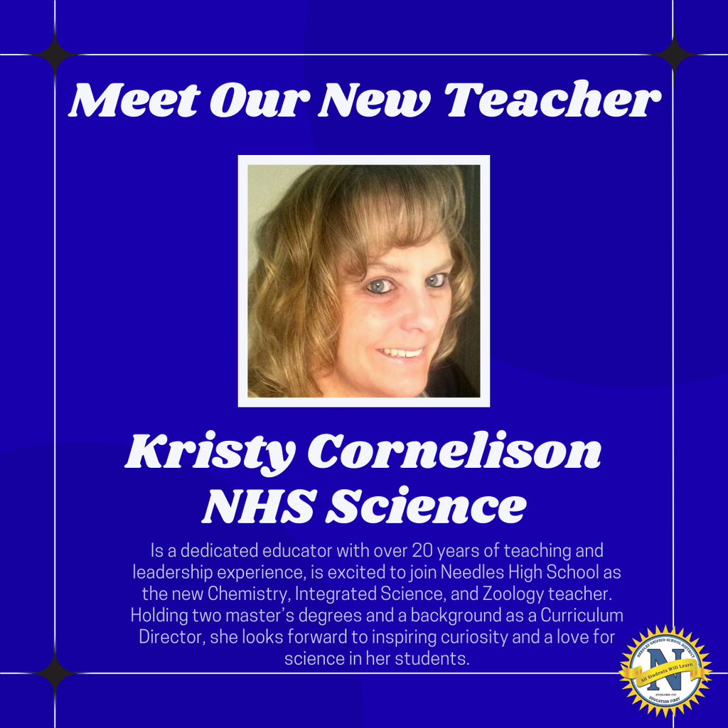Blue graphic with white text introduces a smiling new teacher. It highlights her dedication, science teaching role, and advanced degrees. Warm, welcoming tone.