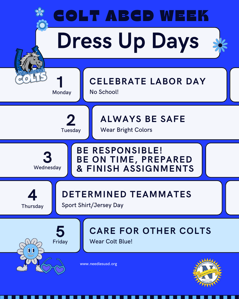Blue and white poster for "Colt ABCD Week: Dress Up Days." Each day has a theme: Monday (Labor Day, no school), Tuesday (Bright Colors), Wednesday (Responsibility), Thursday (Jersey Day), Friday (Colt Blue). Features a colt mascot and cheerful design elements.