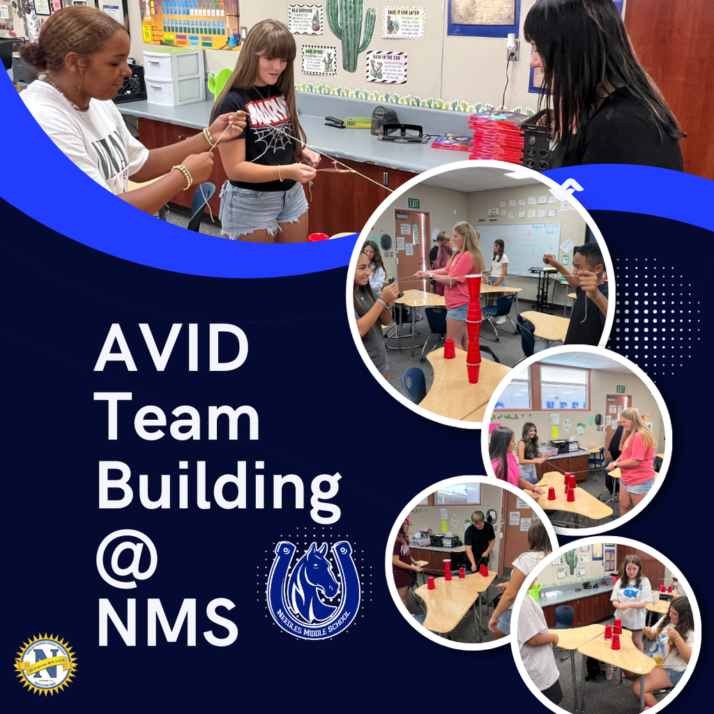 Group of students and a teacher engage in team-building activities with red cups in a classroom. The mood is collaborative and focused. Text reads "AVID Team Building @ NMS."