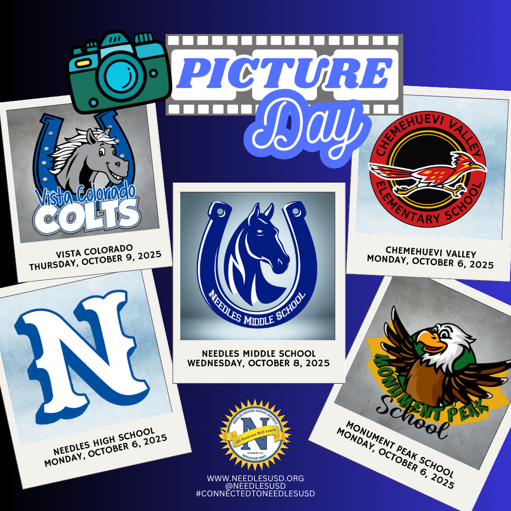 Collage for Picture Day with school logos, dates, and times. Features cameras, horses, eagles, and owls on a blue gradient background.
