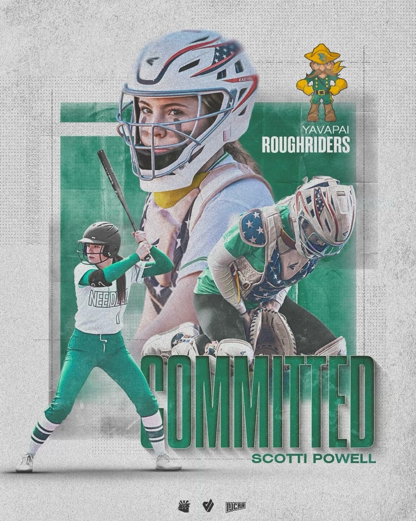Collage of a softball player in action wearing a helmet and catcher’s gear with "Committed" text. Yavapai Roughriders mascot and logo included. Energetic tone.