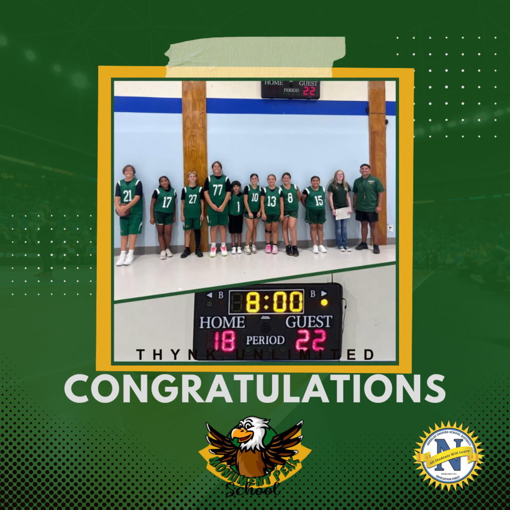 A youth basketball team in green uniforms poses indoors on a gym floor. The scoreboard reads Home 18, Guest 22. "Congratulations" in bold text.