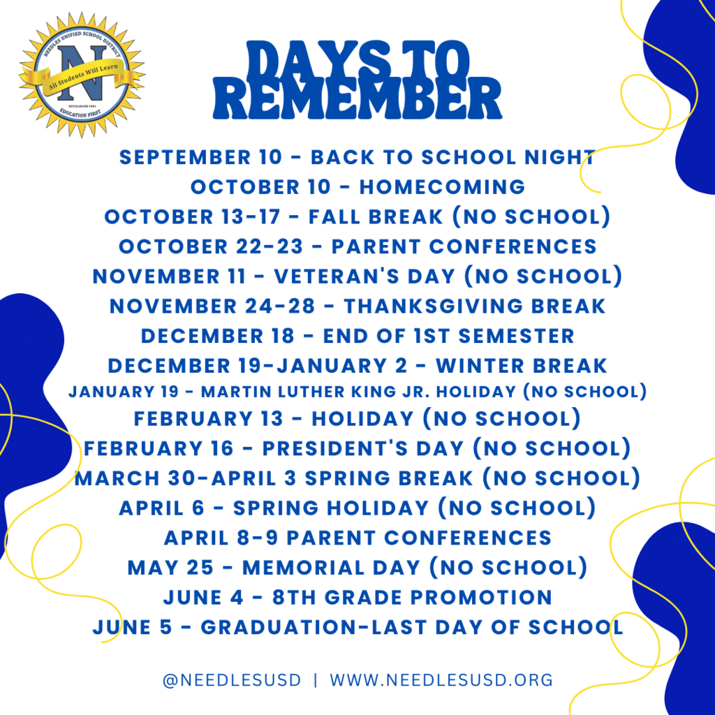 Alt text: "School year calendar titled 'Days to Remember' with important dates listed such as back to school, holidays, and breaks. Logo and decorative blue and yellow elements enhance the design."