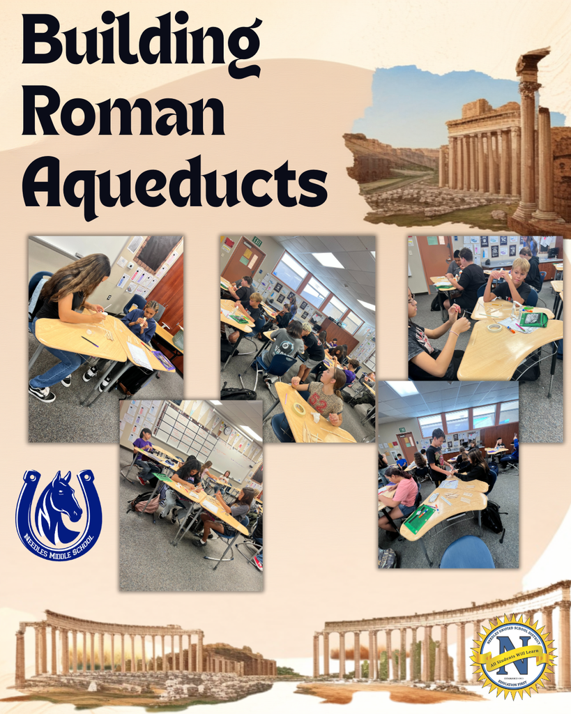 Students in a classroom working on a "Building Roman Aqueducts" project. The room is lively and collaborative. Columns and school logos decorate the border.