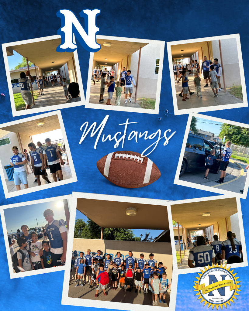 Collage of football players in blue jerseys interacting with children outside a school. Central text reads "Mustangs" with a football image. Energetic and cheerful atmosphere.