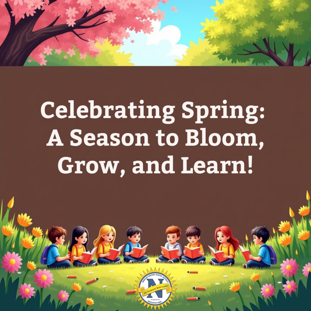 Illustration of kids reading outdoors with flowers, under a blossoming tree. Text reads, "Celebrating Spring: A Season to Bloom, Grow, and Learn!" The scene is colorful and cheerful.