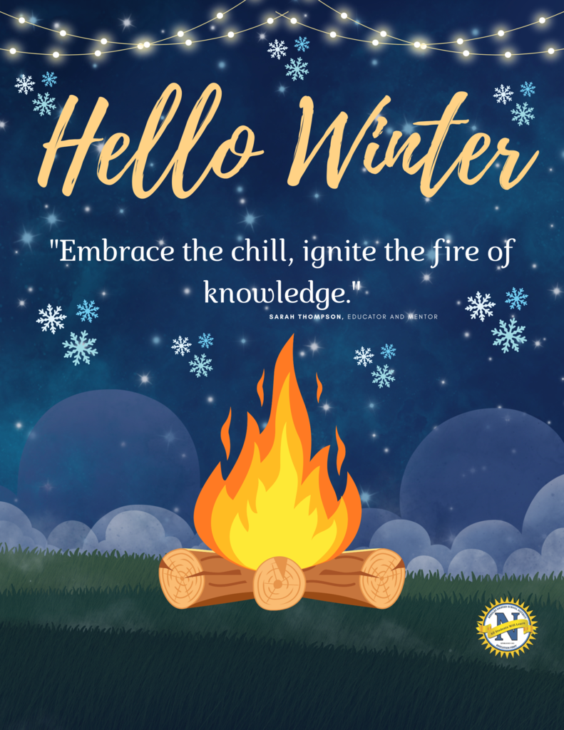 Winter-themed graphic with "Hello Winter" at the top, snowflakes, and string lights. A campfire on grass conveys warmth. Quote: "Embrace the chill, ignite the fire of knowledge."