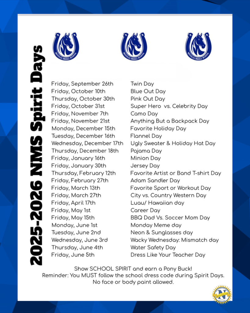 A calendar listing themed spirit days for 2025-2026, featuring themes like Twin Day and Pajama Day. Blue horse shoe logos are at the top, with a blue geometric border.