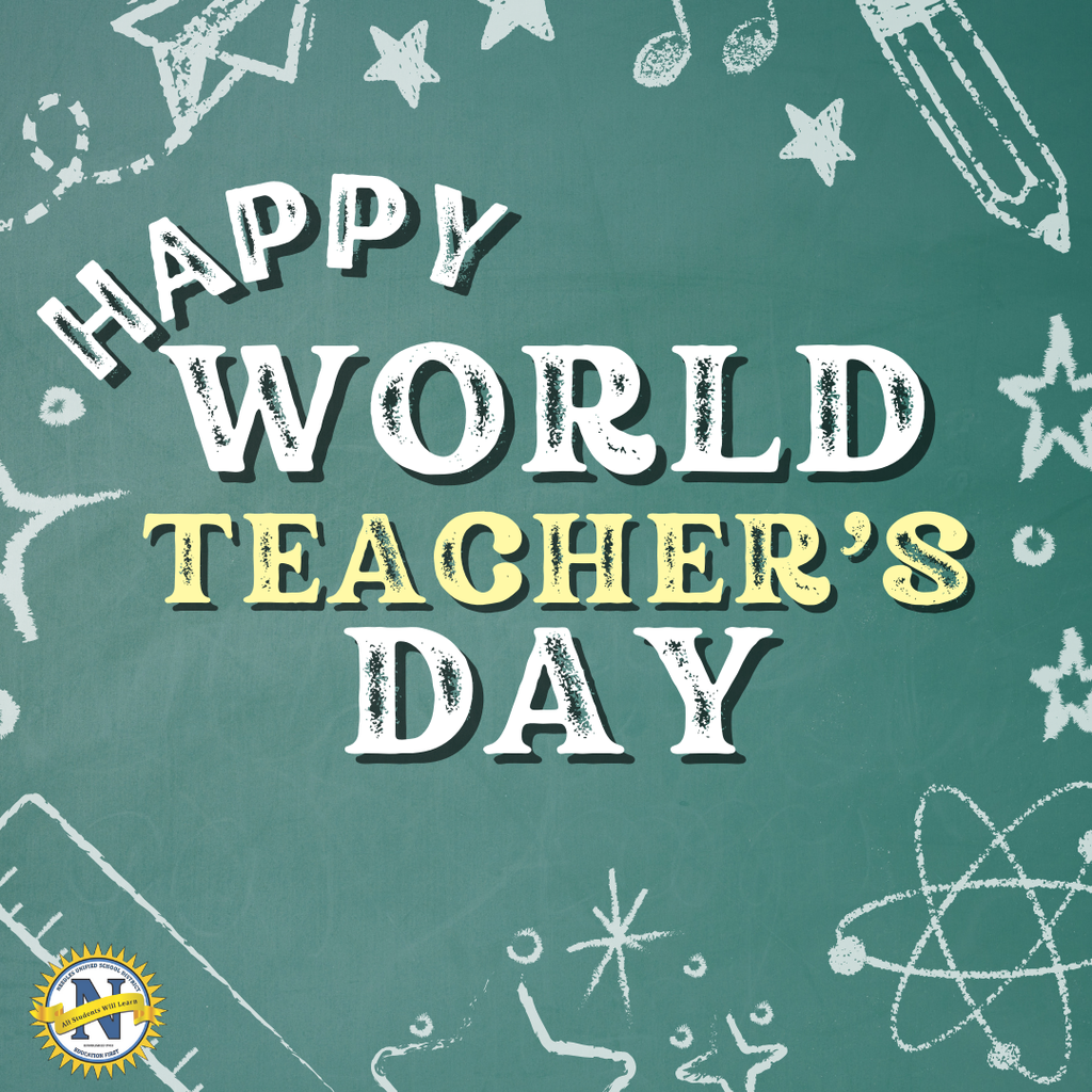 Chalkboard with "Happy World Teacher’s Day" in bold white and yellow letters. Surrounding doodles of stars, a pencil, and scientific symbols convey celebration.