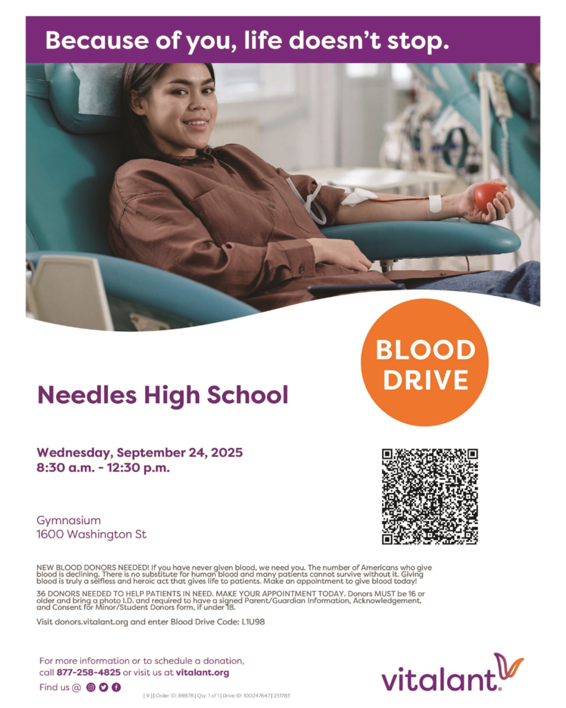 A smiling person reclines on a blood donation chair with a blood bag beside them. Bold text reads "Blood Drive" at Needles High School, September 24, 2025.
