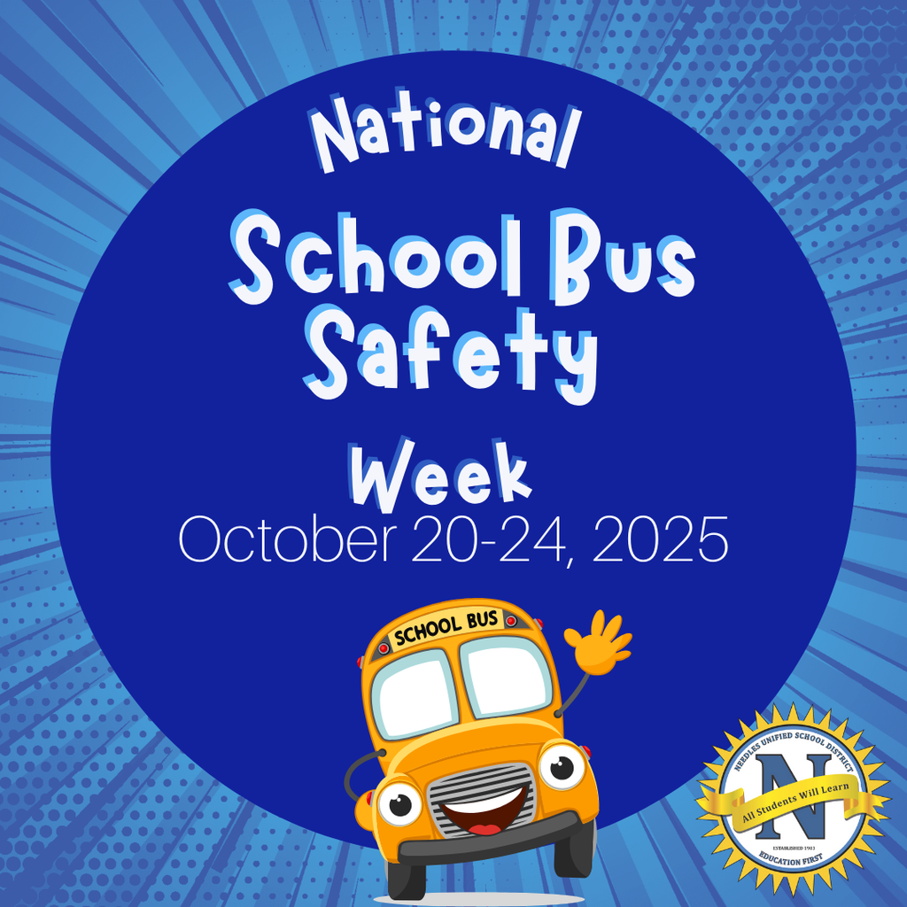 Blue background with rays, text reads "National School Bus Safety Week, October 20-24, 2025." Cheerful school bus cartoon waving, and a badge at the bottom right.
