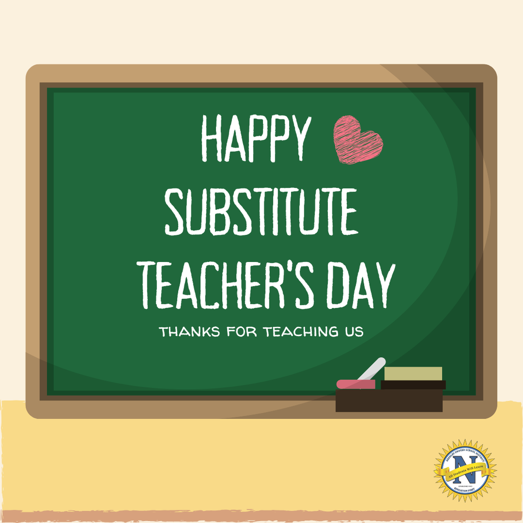 A green chalkboard with "Happy Substitute Teacher's Day" in white text and a red heart. Beneath, "Thanks for teaching us" is written. Books and chalk are at the board's bottom.