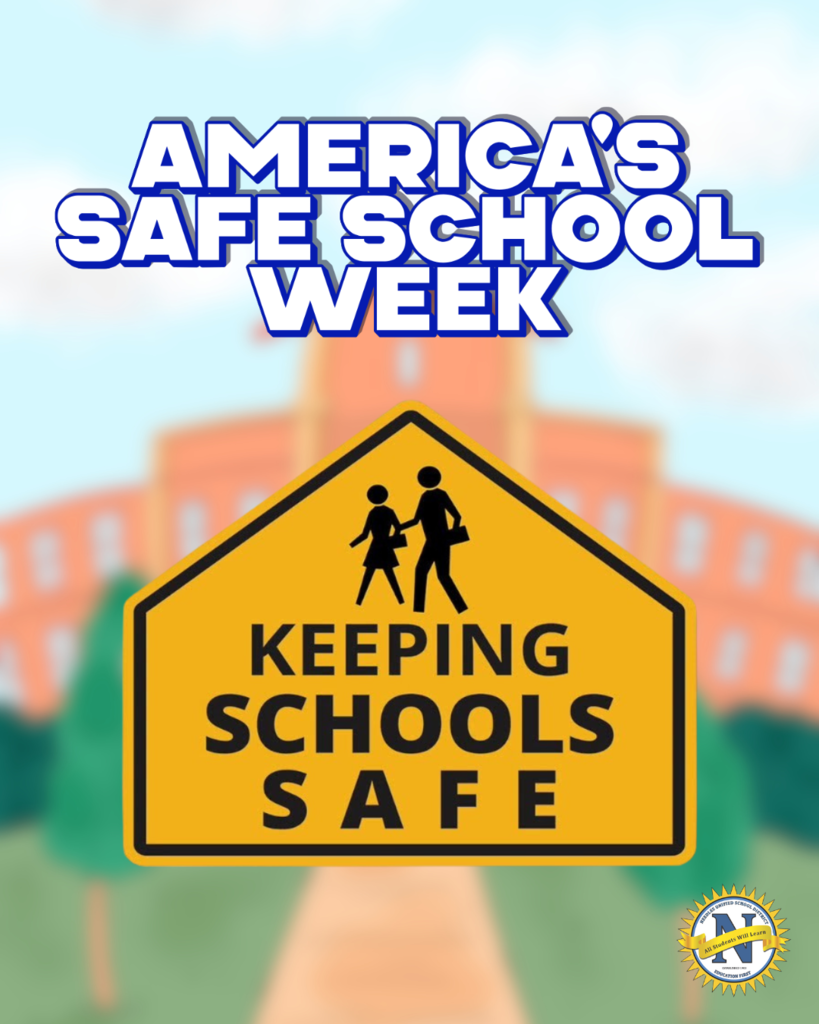 A yellow school crossing sign reads "Keeping Schools Safe" with a building backdrop. Text above says "America's Safe School Week," conveying safety awareness.