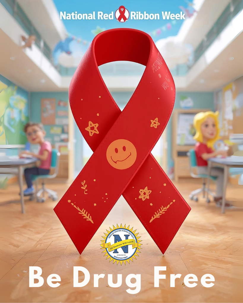 Red ribbon with smiley face and stars at the center of a classroom. Kids in background, text reads “National Red Ribbon Week” and “Be Drug Free.”
