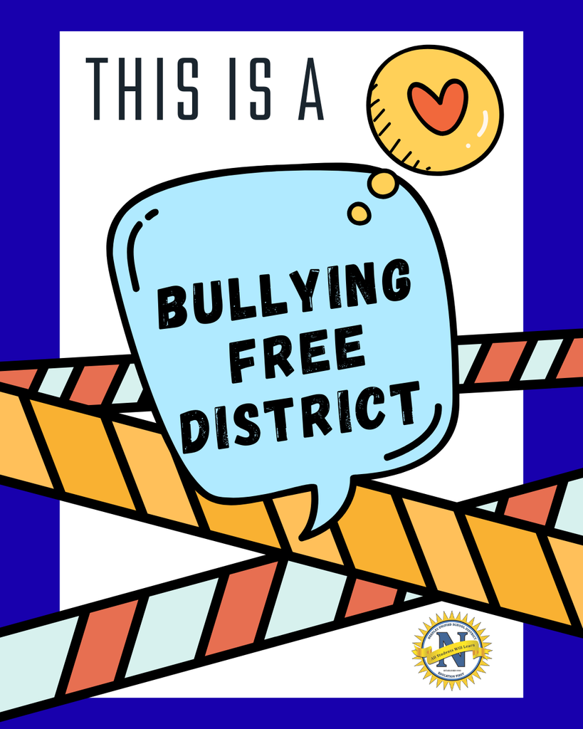 Alt text: "Poster with a blue speech bubble stating 'Bullying Free District' and colorful diagonal stripes. A heart in a circle adds a cheerful tone."