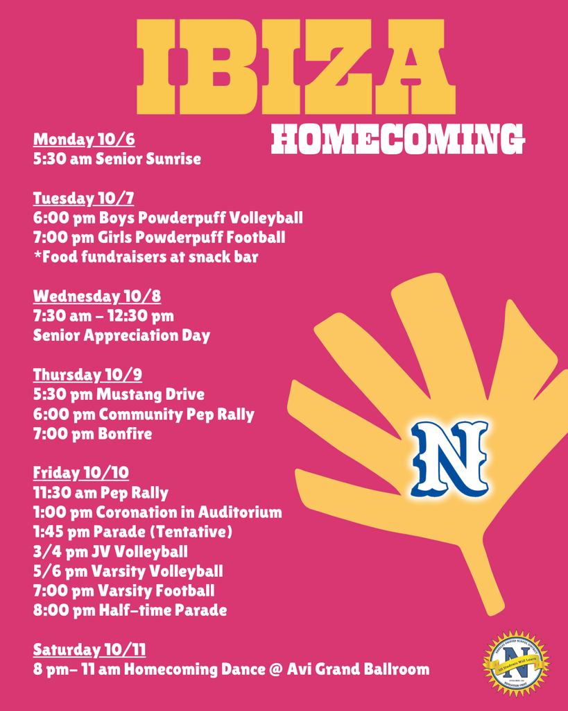 Bold yellow text "IBIZA HOMECOMING" on a pink background with a yellow hand graphic. Event schedule in white text with times and details from Monday to Saturday.