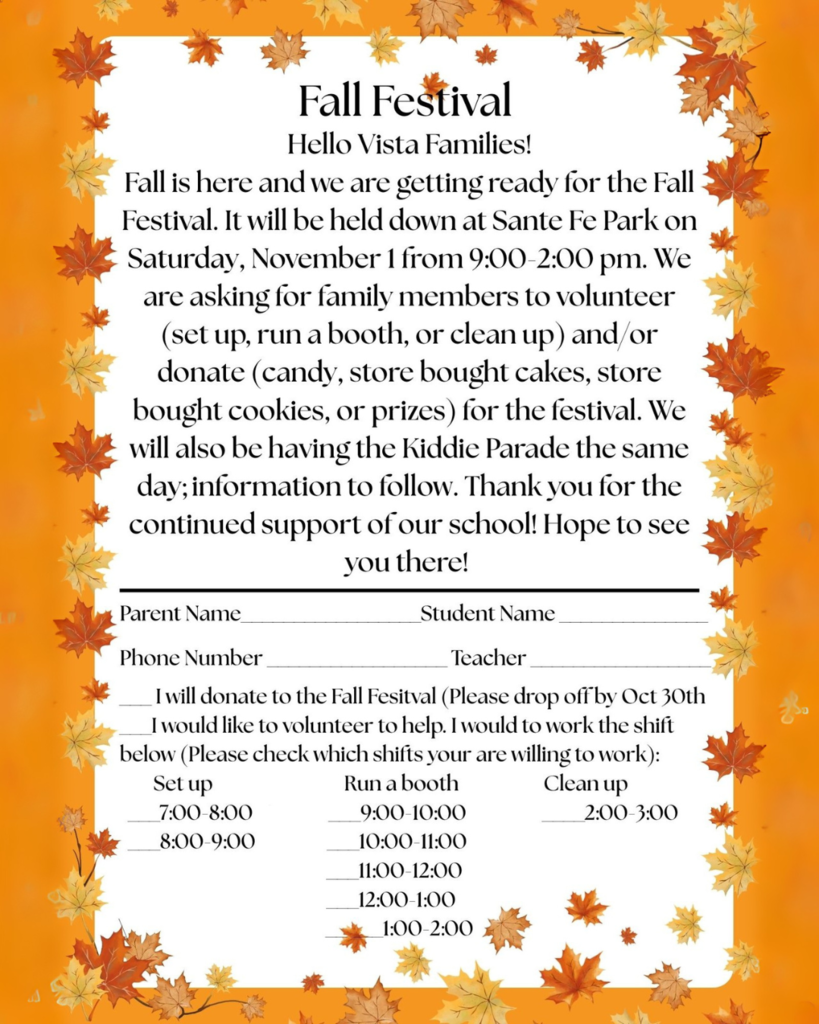 "Fall Festival flyer with an orange leaf border. Event details: Sante Fe Park, Saturday, November 1, 9:00 AM to 2:00 PM. Volunteer and donation request."