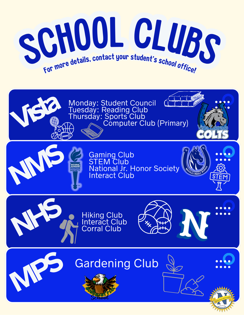 "Poster for school clubs with contact info at top. Lists clubs by school: Vista, NMS, NHS, MPS. Includes clubs like Student Council and STEM Club."