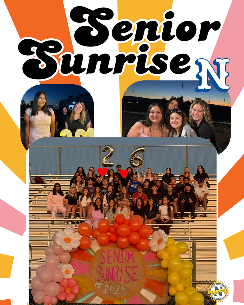 A group of high school seniors celebrate "Senior Sunrise" with sunrise-themed decorations and vibrant balloons. Happy students pose on bleachers under "26" balloons.