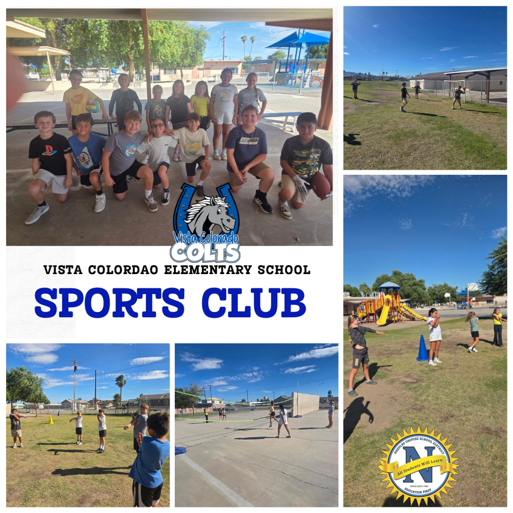 Children are gathered for a group photo under a shaded area at Vista Colorado Elementary School's Sports Club. They look happy and ready for activities. Other images show them playing sports on a sunny, grassy field, with playground structures and blue skies in the background. The tone is energetic and cheerful.
