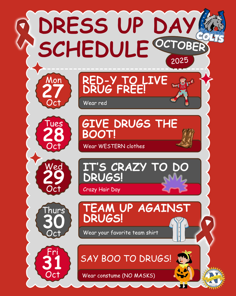 Dress Up Day Schedule for October 2025 with themed anti-drug messages: Red for Monday, Western clothes Tuesday, Crazy Hair Wednesday, Sports Thursday, Costumes Friday.