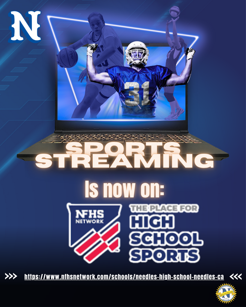 Alt text: "A digital ad for sports streaming featuring a basketball player and a football player emerging from a laptop screen. Text reads 'Sports Streaming is now on NFHS Network, the place for high school sports.' The tone is dynamic and energetic."