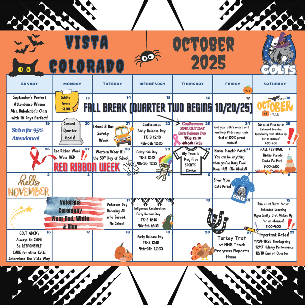 October 2025 school calendar with events like Red Ribbon Week and Halloween activities. Includes colorful icons like a bat, pumpkin, and spider.