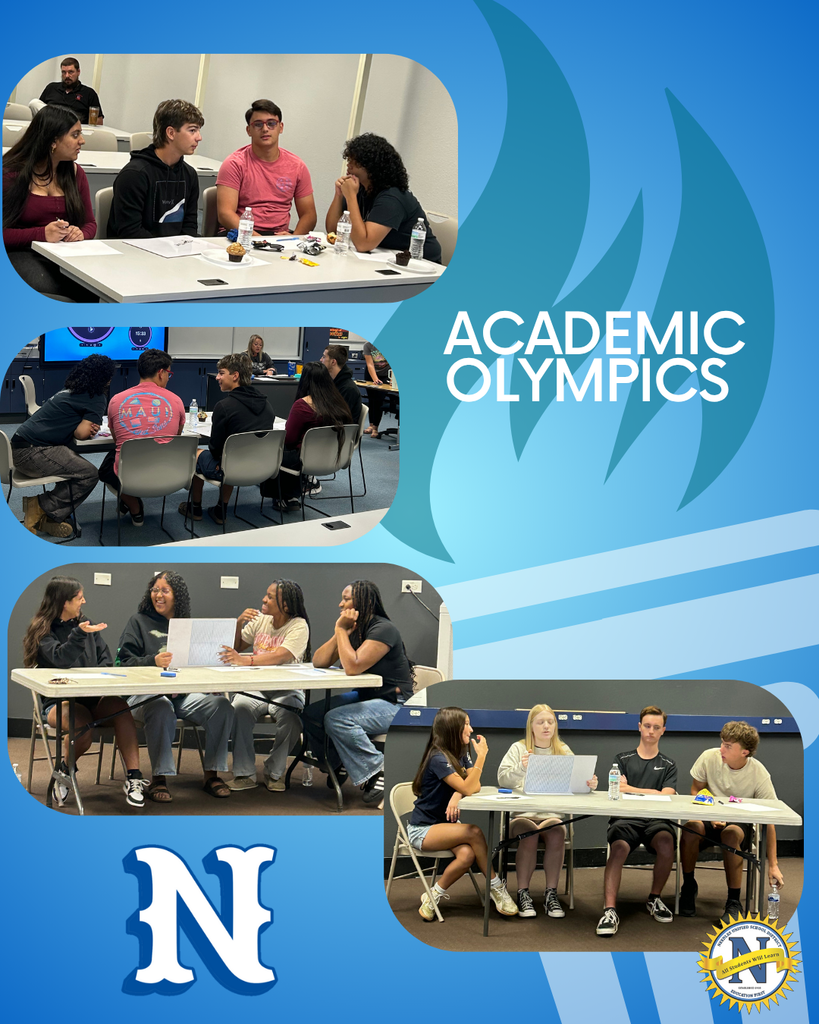 Students in teams participate in the "Academic Olympics," sitting at tables, discussing and writing. Blue background with logos and text. Enthusiastic and collaborative atmosphere.